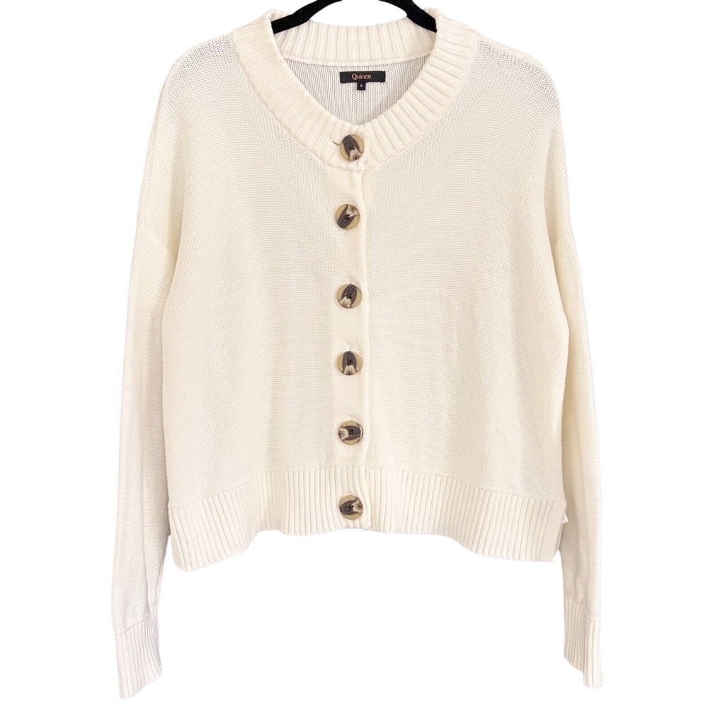 Quince | 100% Organic Cotton Cropped Cardigan Sweater in Ivory | Small